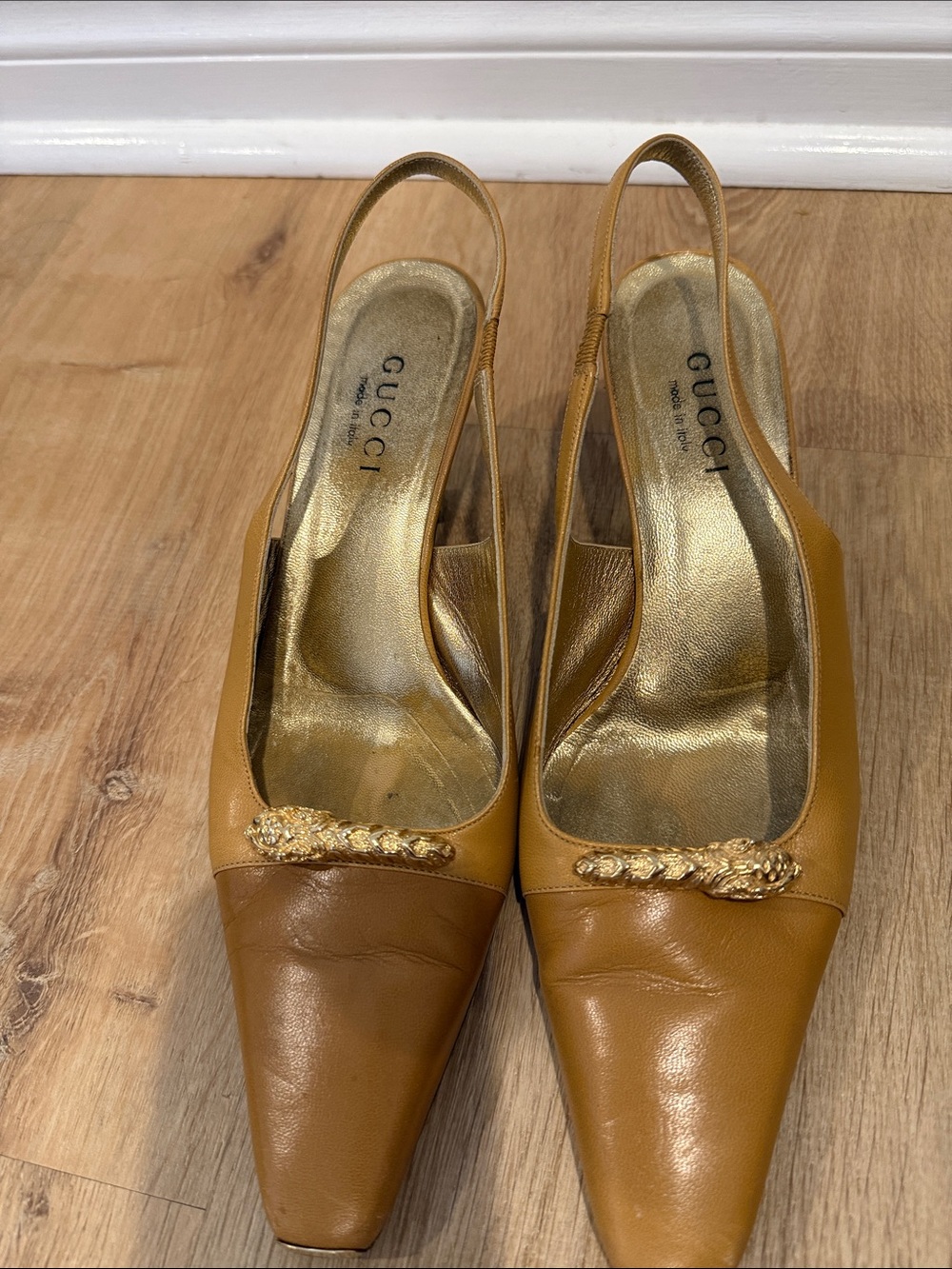 Gucci Tan and Gold Leather Slingback Mules